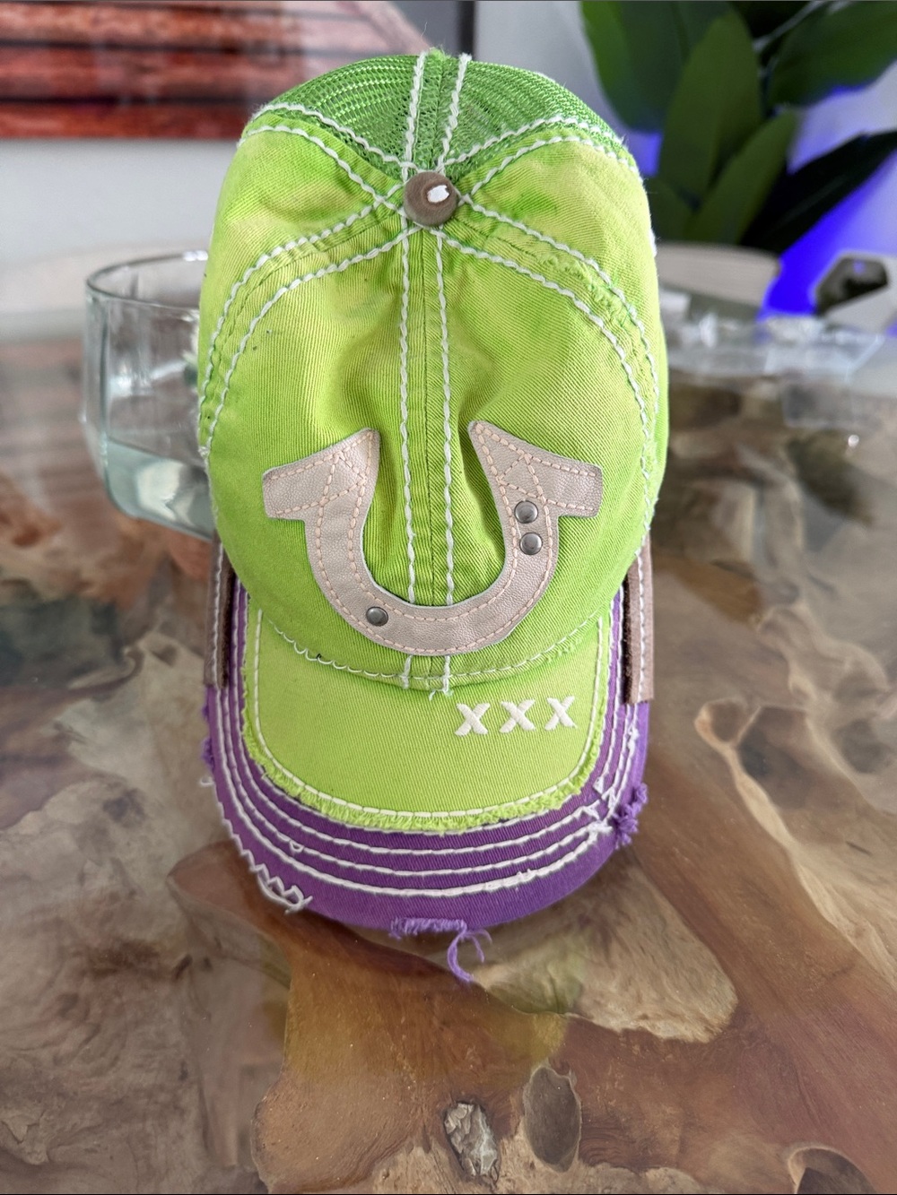 True Religion Lime Green & Purple Distressed Baseball Cap with Horseshoe Accent
